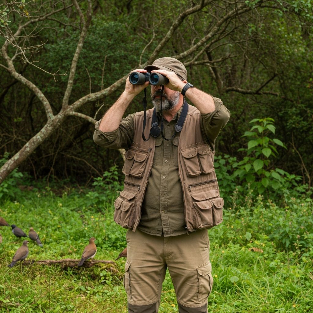 Profesjonalny ornitolog obserwujący ptaki w naturalnym środowisku